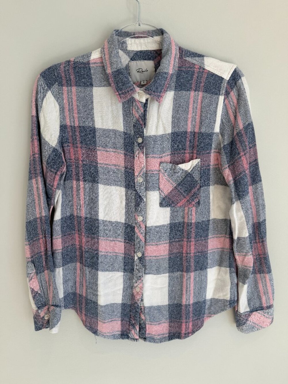 Rails Hunter Plaid Button Down Shirt Blue Pink White Flannel Size Small EUC